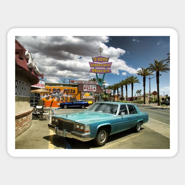 Vintage Cadillac parked in Las Vegas, neon sign of Tod Motor Motel, Las Vegas Sticker by Reinvention
